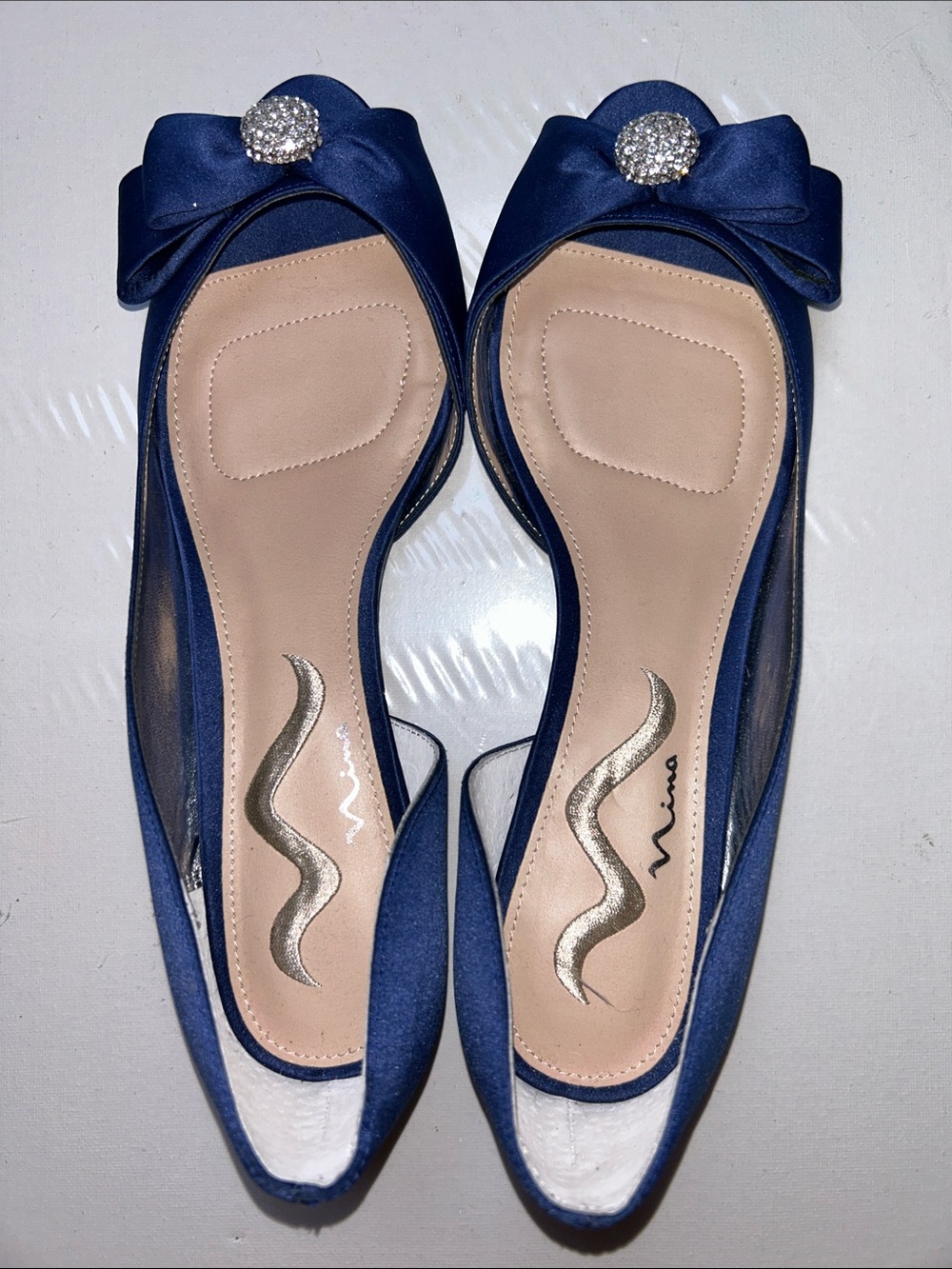 NWOB Nina Contesa D’Orsay Navy Blue Satin Peep Toe Flats w/ Bow & Rhinestone 10W